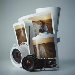 a digital camera and several pictures sitting on top of each other