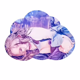 the woman is laying down on a cloud shaped cushion