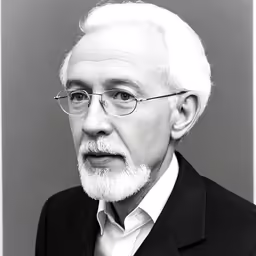 a black and white image of a man with glasses
