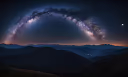 a star filled sky with some mountains below it