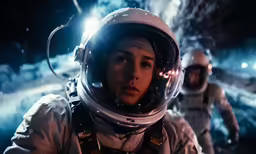 a woman in space gear with her hand on her chest