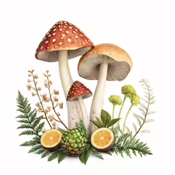 some mushrooms on top of green leaves and fruit