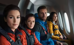group of people on a plane with their backs turned