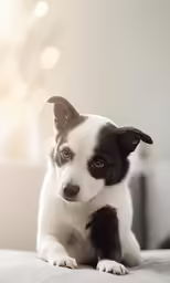 a dog laying on top of a couch near a chair