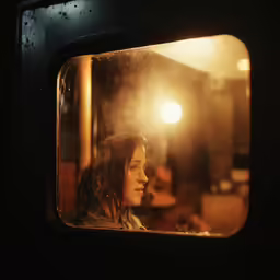 young woman looking out train window during night