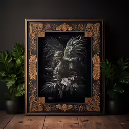 a framed photograph of a mythical creature with wings and a flower decoration