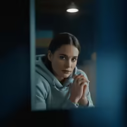 woman looking off into distance in dark room