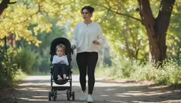 a woman walking along a trail with her baby in a stroller