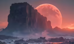 a large moon that is over the water