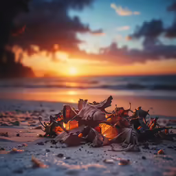 a pile of wood sitting on top of a sandy beach