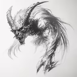 an ink painting of a demon with big horns