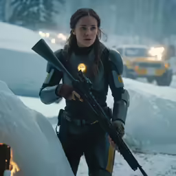 the woman with a gun walks in the snow