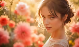 a woman is looking to the side in front of flowers