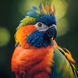 a brightly colored bird is sitting and looking forward
