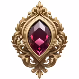 a gold frame holding an ornate red stone