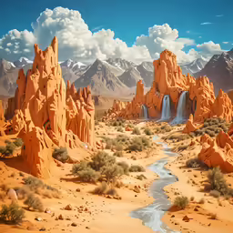 the landscape is painted with orange rock formations