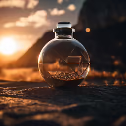 a glass decanter has a silver geometric design