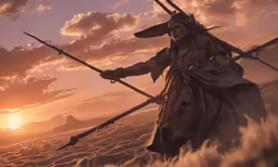 a pirate standing on a beach holding a spear