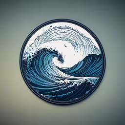 the ocean painted on a wall next to the plate,a blue and white plate with an image of a wave