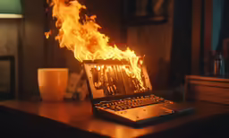 a laptop on fire next to a cup