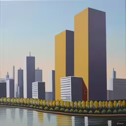 the painting shows the reflection of buildings in the water,a painting of some sort of city scene with some boats on the water