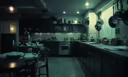 there is a large kitchen that is lit by the lighting bulb