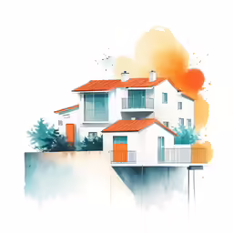 three white houses next to the water on top of each other