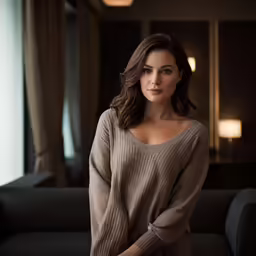 a woman sitting in front of a black couch
