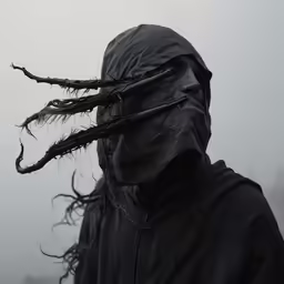 a person with a covering and black hair has his face covered by branches