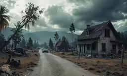 the cars are parked on the dirt road