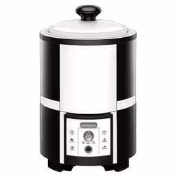 an electric pressure cooker with black and white accents