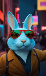 a blue rabbit wearing sunglasses standing in front of a red light