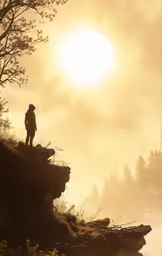 man standing on top of a cliff with trees and clouds