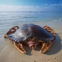 a giant leather crab is covered with seaweed in the sand