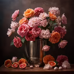 large bouquet of flowers on an antique vase surrounded by smaller cut flowers