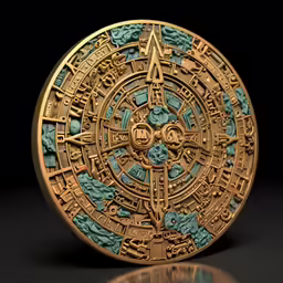 an intricate golden plate with blue and green designs on it