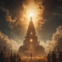 some people are standing near a building in the sky