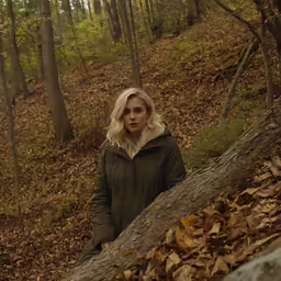 a blonde woman is standing in the woods