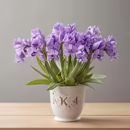 purple flowers in a vase with the word uka
