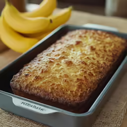 the loaf of bread has been placed on the counter near some bananas