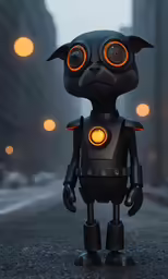 an animated dog with glowing eyes and a dark body