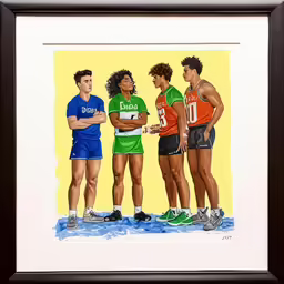 a framed painting shows men talking and the same person