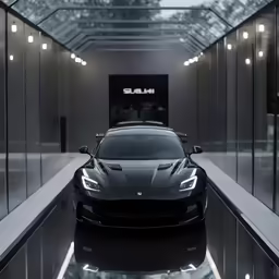 a black car sits in the middle of a dark room