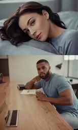 a woman laying on a bed next to a man reading