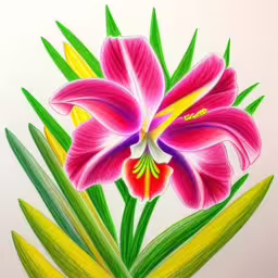 an image of a colored drawing of flowers,an artwork of a large pink flower with green leaves