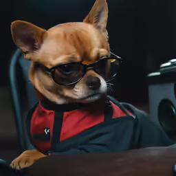 a little dog with shades on and wearing an unbuttoned shirt
