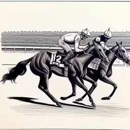 two horses that are running on a track,two horse jockeys racing each other down a track