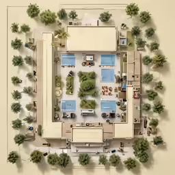 an aerial view of an open air swimming pool