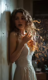a young woman in a white gown poses and flashes her spark