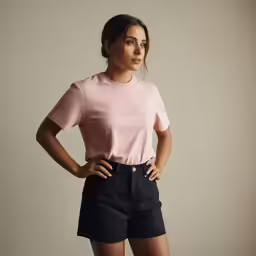 a girl in a short sleeved pink shirt posing for the camera